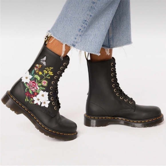 Dr. Martens 1490 Floral Bloom Embroidered Black Leather Mid-Calf Combat Boots - Picture 1 of 16